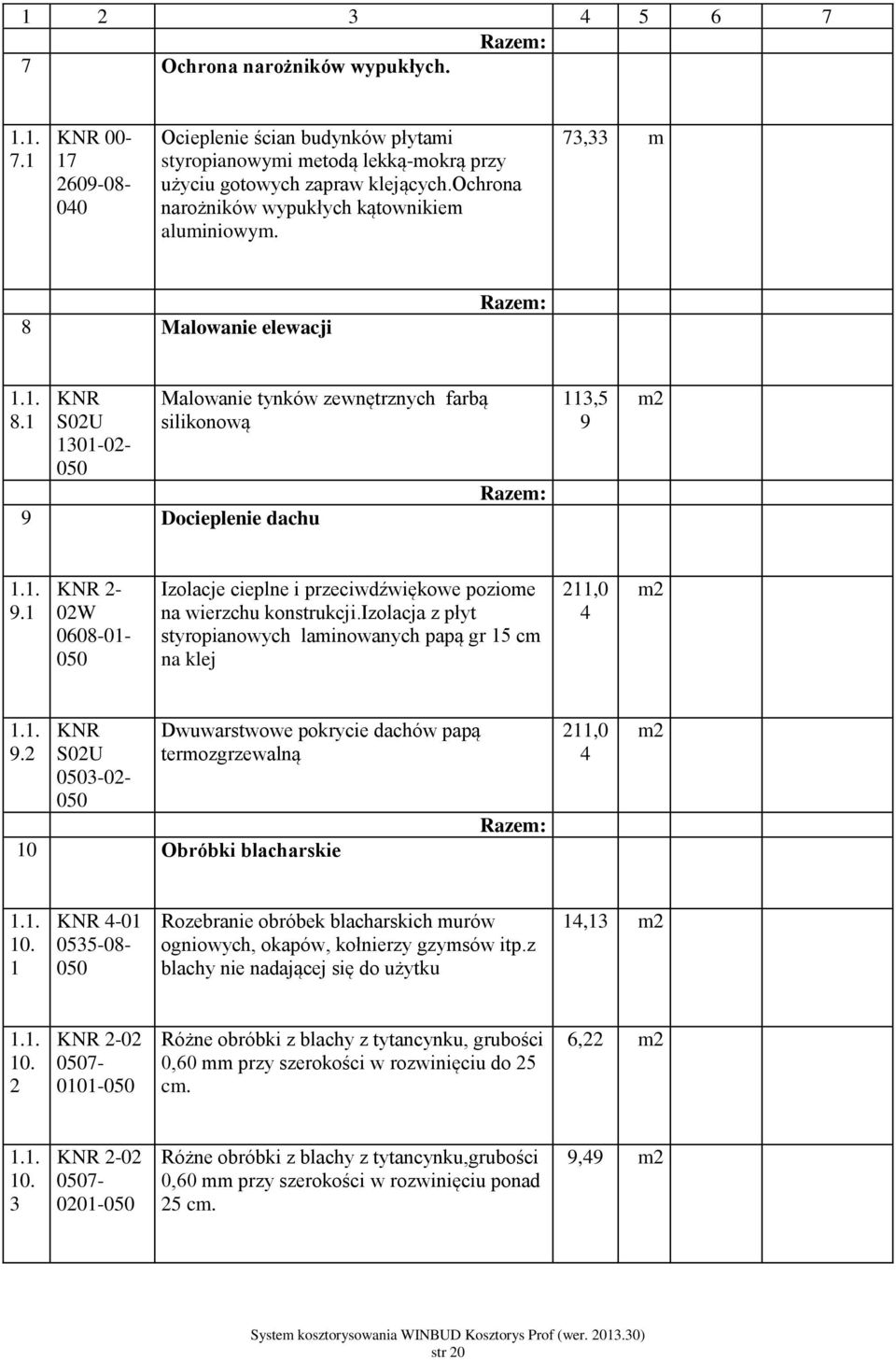 73,33 m 8 Malowanie elewacji 8 KNR S02U 1301-02- Malowanie tynków zewnętrznych farbą silikonową 9 Docieplenie dachu 113,5 9 9 02W 0608-01- Izolacje cieplne i przeciwdźwiękowe poziome na wierzchu