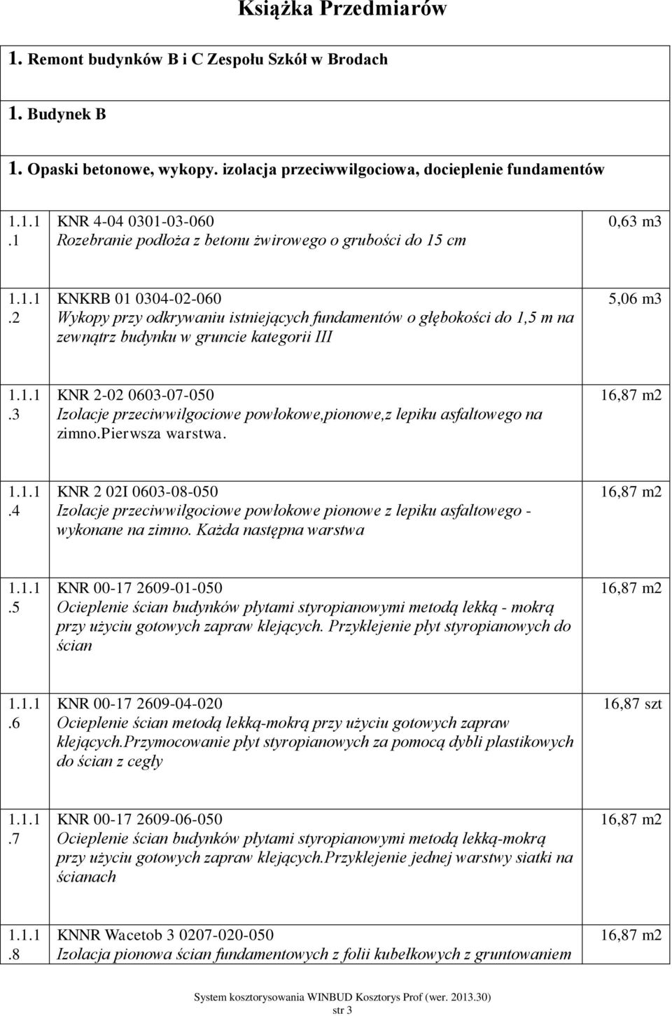 2 KNKRB 01 030-02-060 Wykopy przy odkrywaniu istniejących fundamentów o głębokości do 1,5 m na zewnątrz budynku w gruncie kategorii III 5,06 m3 1.