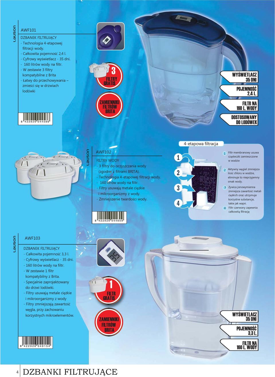 WODY DOSTOSOWANY DO LODÓWEK 4-etapowa filtracja AWF102 FILTRY WODY - 3 filtry do oczyszczania wody (zgodne z filtrami BRITA). - Technologia 4-etapowej filtracji wody. - 160 litrów wody na filtr.