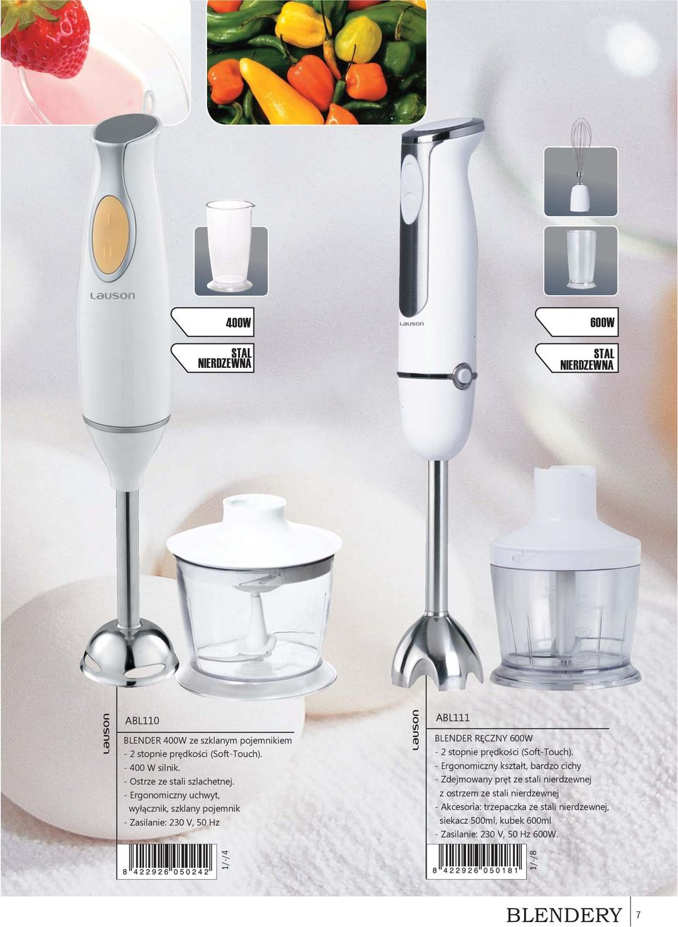 - Ergonomiczny uchwyt, wy cznik, szklany pojemnik - Zasilanie: 230 V, 50 Hz ABL111 BLENDER R CZNY 600W - 2 stopnie pr dko ci