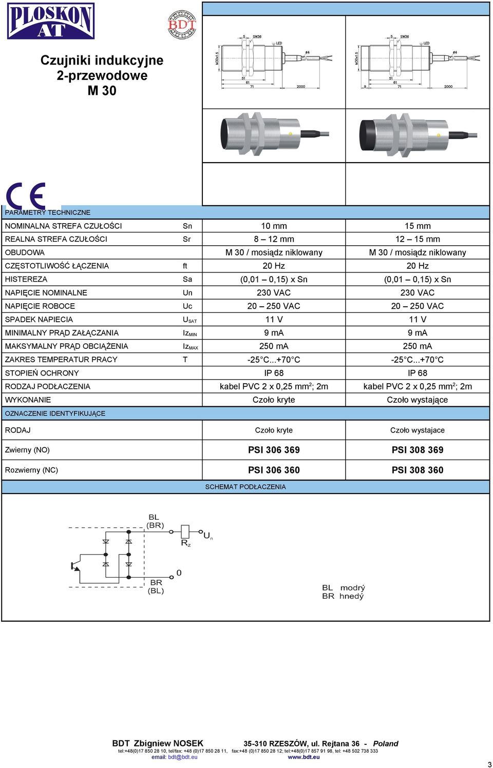 MAX ZAKRE EMPERAUR PRACY 50 ma 50 ma kabel PVC x 0,5 mm; m kabel PVC x 0,5 mm; m Czoło kryte Czoło wystające Czoło kryte Czoło wystajace Zwierny (NO) PI 306 369 PI 308 369