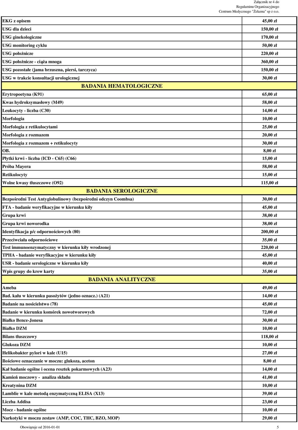 Płytki krwi - liczba (ICD - C65) (C66) Próba Mayera Retikulocyty Wolne kwasy tłuszczowe (O92) BADANIA SEROLOGICZNE Bezpośredni Test Antyglobulinowy (bezpośredni odczyn Coombsa) FTA - badanie