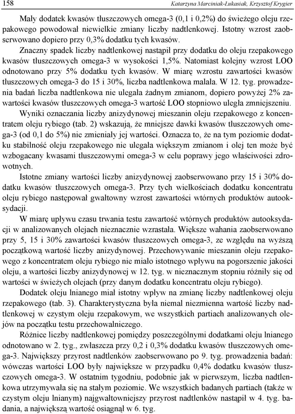 Natomiast kolejny wzrost LOO odnotowano przy 5% dodatku tych kwasów. W miarę wzrostu zawartości kwasów tłuszczowych omega-3 do 15 i 30%, liczba nadtlenkowa malała. W 12. tyg.