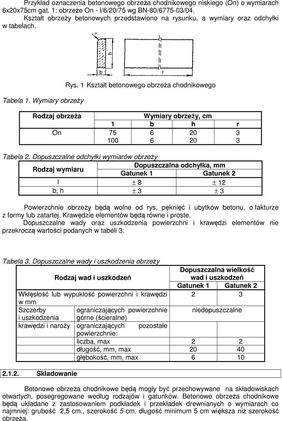 1 Kształt betonowego obrzeża chodnikowego Rodzaj obrzeża Wymiary obrzeży, cm 1 b h r On 75 100 6 6 20 20 3 3 Tabela 2.