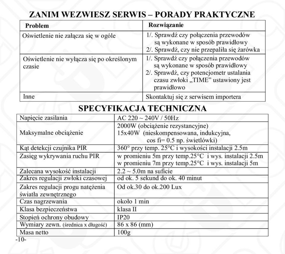 SprawdŸ, czy potencjometr ustalania czasu zw³oki TIME ustawiony jest prawid³owo Inne Skontaktuj siê z serwisem importera Napiêcie zasilania Maksymalne obci¹ enie K¹t detekcji czujnika PIR Zasiêg