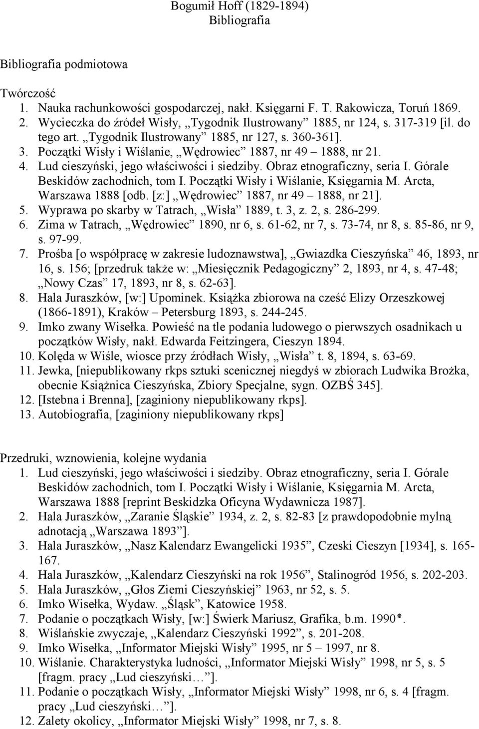 4. Lud cieszyński, jego właściwości i siedziby. Obraz etnograficzny, seria I. Górale Beskidów zachodnich, tom I. Początki Wisły i Wiślanie, Księgarnia M. Arcta, Warszawa 1888 [odb.