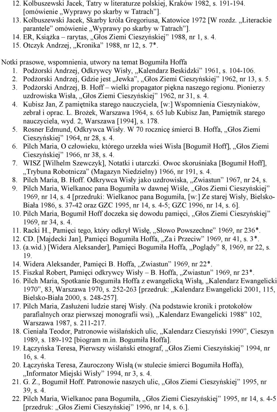 Otczyk Andrzej, Kronika 1988, nr 12, Notki prasowe, wspomnienia, utwory na temat Bogumiła Hoffa 1. Podżorski Andrzej, Odkrywcy Wisły, Kalendarz Beskidzki 1961, s. 104-106. 2.