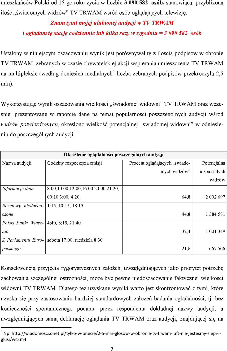 obronie TV TRWAM, zebranych w czasie obywatelskiej akcji wspierania umieszczenia TV TRWAM na multipleksie (według doniesień medialnych 4 liczba zebranych podpisów przekroczyła 2,5 mln).