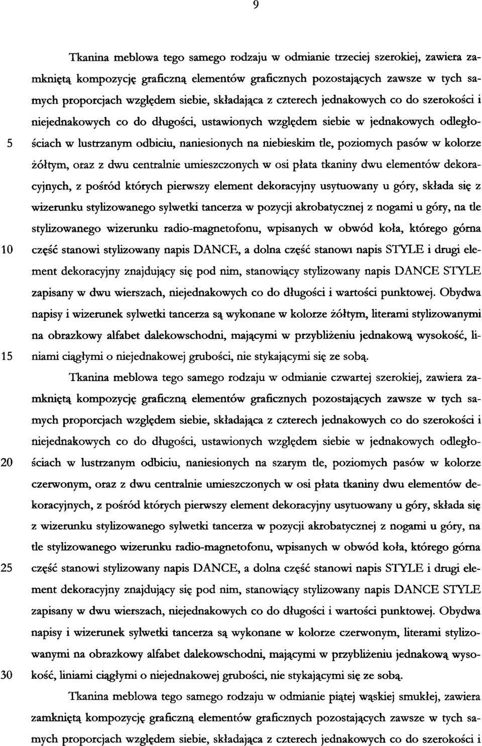 tkaniny dwu elementów dekoracyjnych, z pośród których pierwszy element dekoracyjny usytuowany u góry, składa się z wizerunku stylizowanego sylwetki tancerza w pozycji akrobatycznej z nogami u góry,