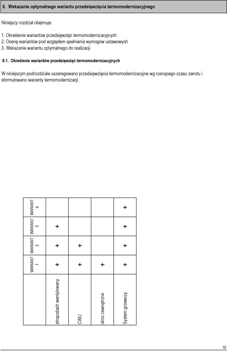 Określenie wariantów przedsięwzięć termomodernizacyjnych W niniejszym podrozdziale uszeregowano przedsięwzięcia termomodernizacyjne wg rosnącego czasu zwrotu i