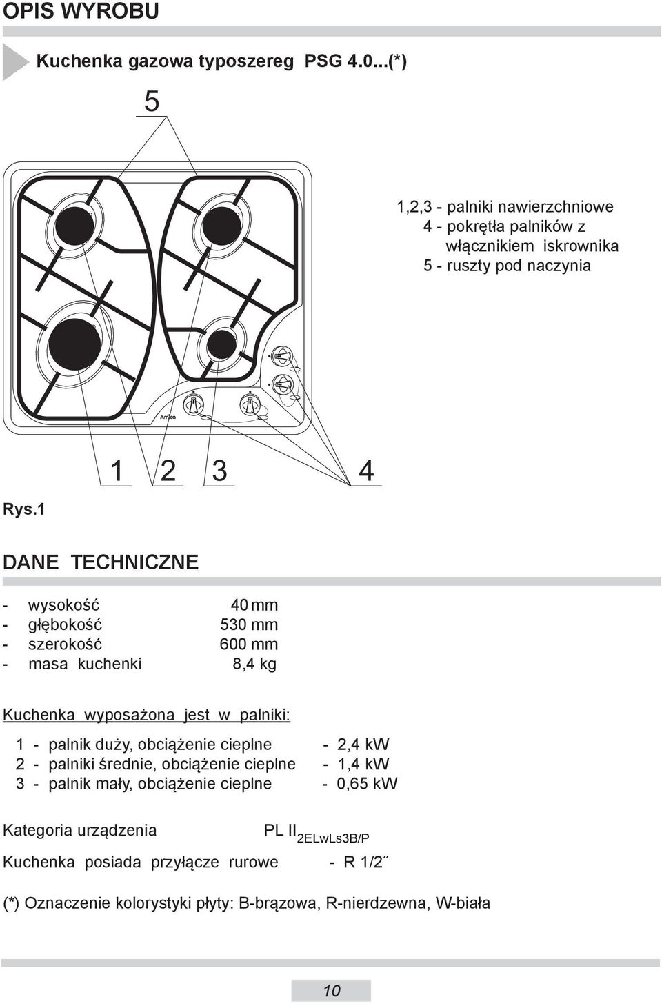 1 DANE TECHNICZNE - wysokość 40 mm - głębokość 530 mm - szerokość 600 mm - masa kuchenki 8,4 kg Kuchenka wyposażona jest w palniki: 1 - palnik