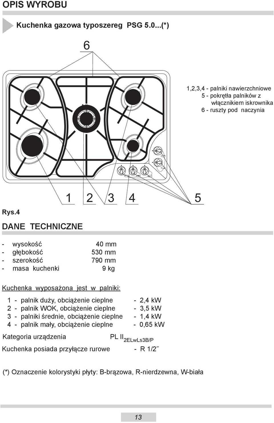 4 DANE TECHNICZNE - wysokość 40 mm - głębokość 530 mm - szerokość 790 mm - masa kuchenki 9 kg Kuchenka wyposażona jest w palniki: 1 - palnik duży, obciążenie