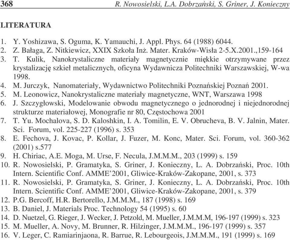 Kulik, Nanokrystaliczne materiały magnetycznie mikkie otrzymywane przez krystalizacj szkieł metalicznych, oficyna Wydawnicza Politechniki Warszawskiej, W-wa 1998. 4. M.