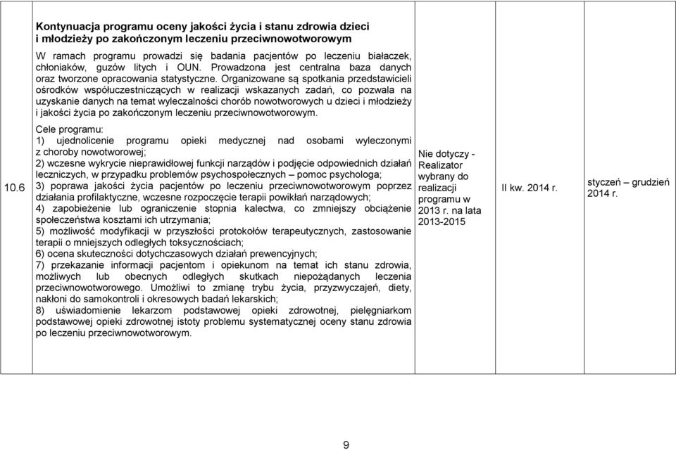 Organizowane są spotkania przedstawicieli ośrodków współuczestniczących w wskazanych zadań, co pozwala na uzyskanie danych na temat wyleczalności chorób nowotworowych u dzieci i młodzieży i jakości