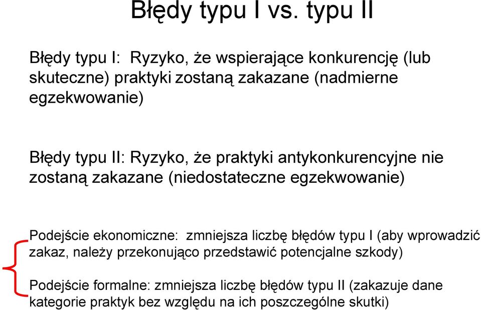 Błędy ę typu II: Ryzyko, yy że praktyki antykonkurencyjne yj nie zostaną zakazane (niedostateczne egzekwowanie) Podejście