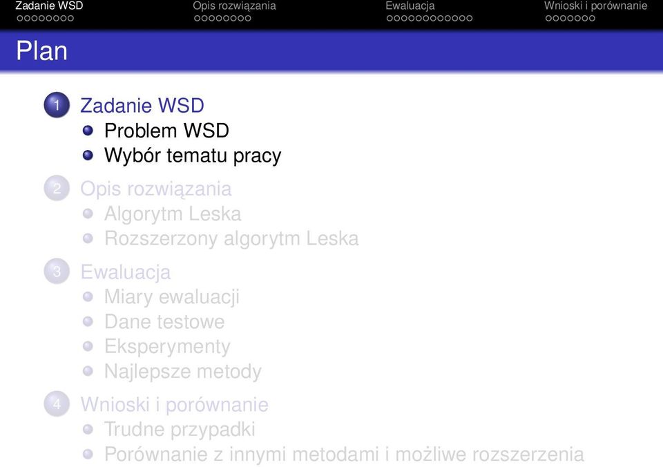 ewaluacji Dane testowe Eksperymenty Najlepsze metody 4 Wnioski i