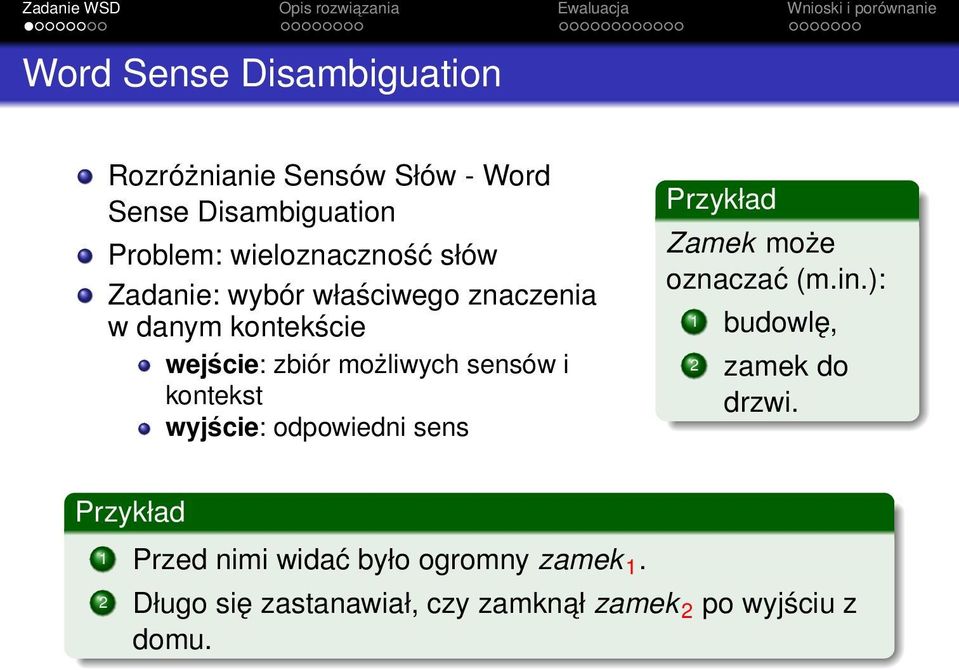 wyjście: odpowiedni sens Przykład Zamek może oznaczać (m.in.): 1 budowlę, 2 zamek do drzwi.