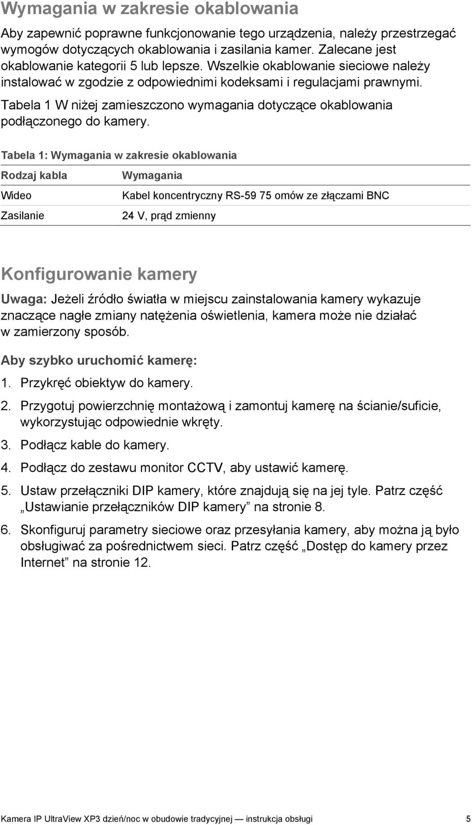 Tabela 1 W niżej zamieszczono wymagania dotyczące okablowania podłączonego do kamery.