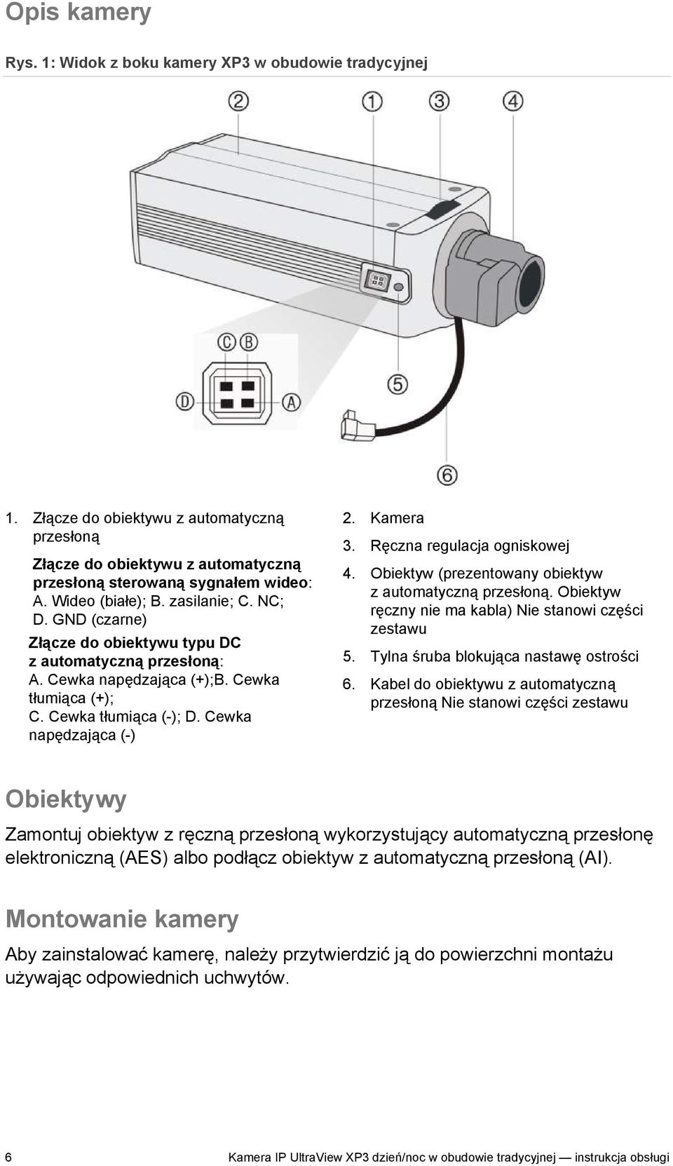 Cewka napędzająca (-) 2. Kamera 3. Ręczna regulacja ogniskowej 4. Obiektyw (prezentowany obiektyw z automatyczną przesłoną. Obiektyw ręczny nie ma kabla) Nie stanowi części zestawu 5.