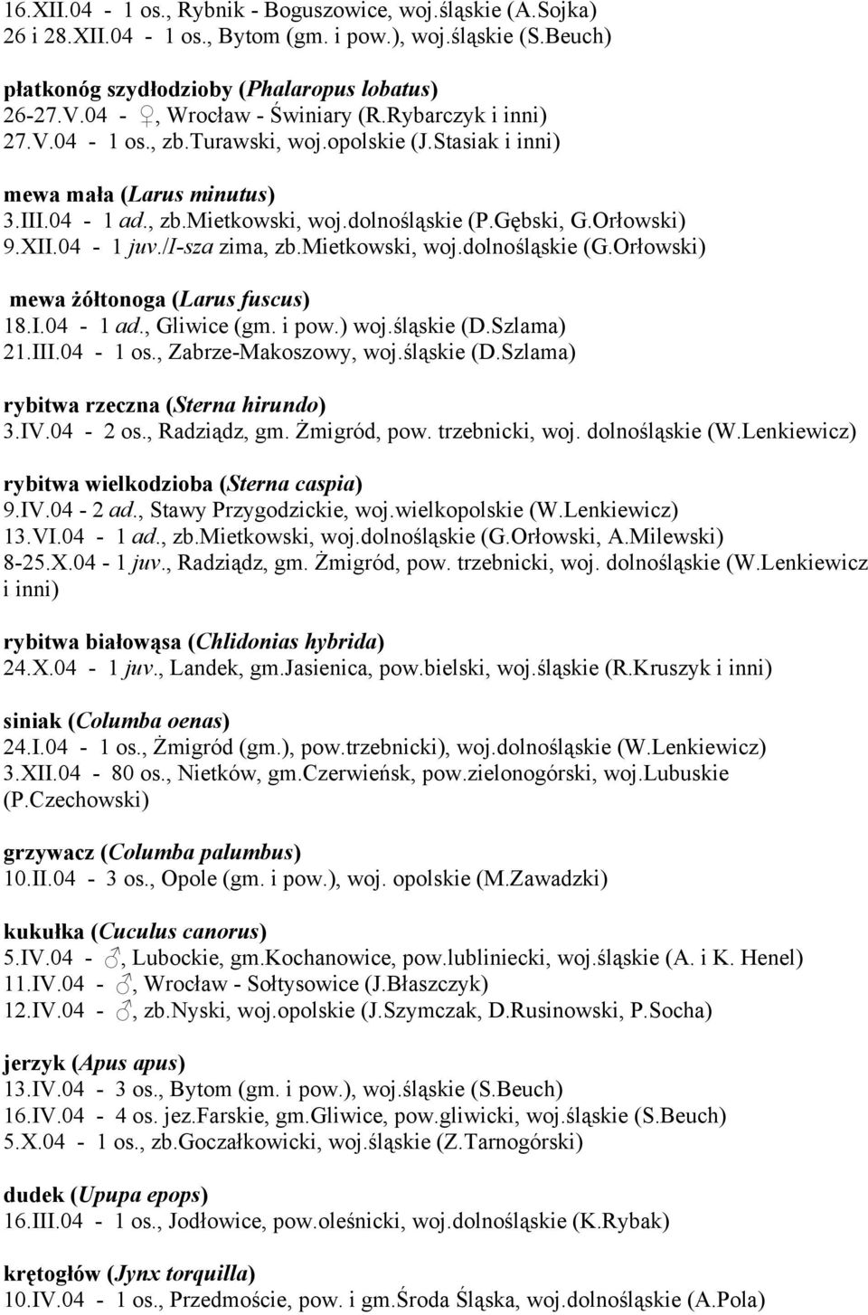 Orłowski) 9.XII.04-1 juv./i-sza zima, zb.mietkowski, woj.dolnośląskie (G.Orłowski) mewa żółtonoga (Larus fuscus) 18.I.04-1 ad., Gliwice (gm. i pow.) woj.śląskie (D.Szlama) 21.III.04-1 os.