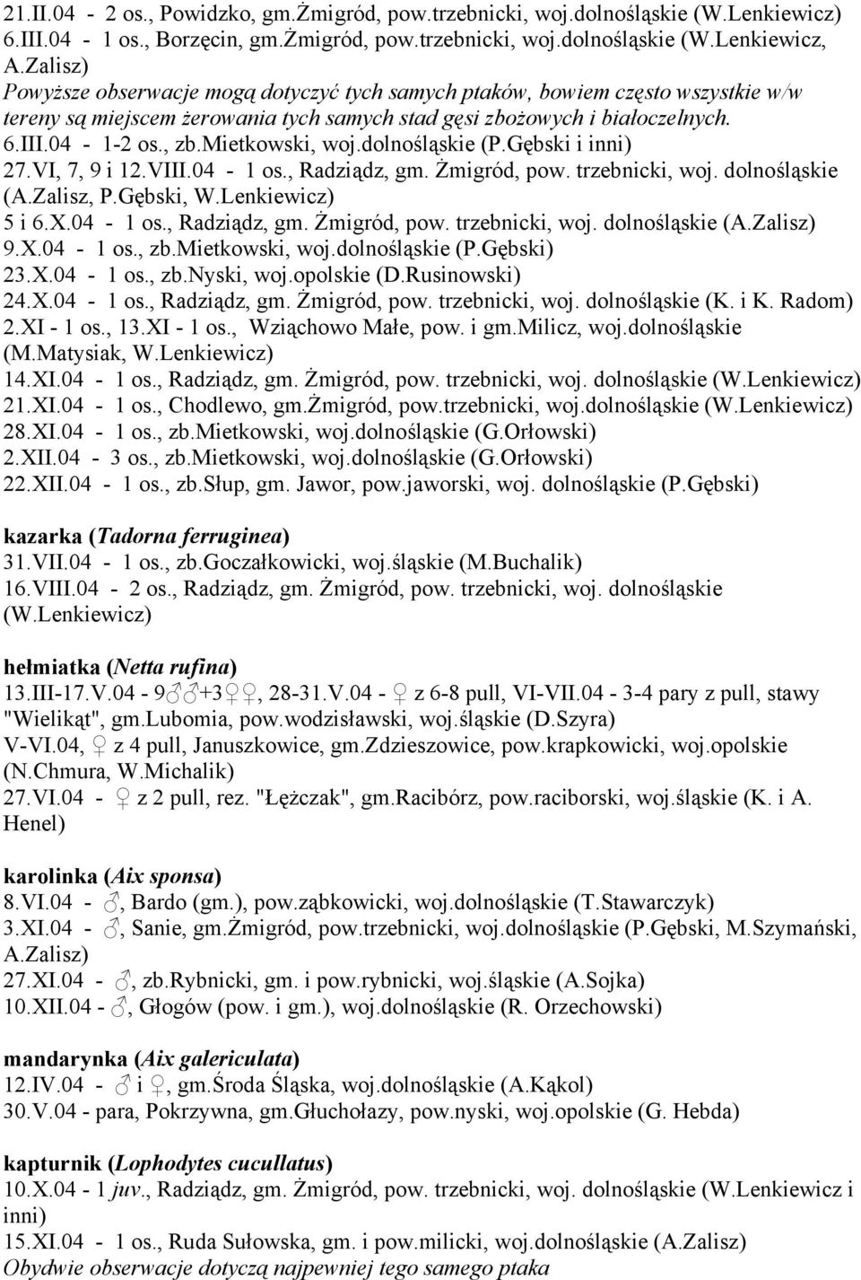 mietkowski, woj.dolnośląskie (P.Gębski i inni) 27.VI, 7, 9 i 12.VIII.04-1 os., Radziądz, gm. Żmigród, pow. trzebnicki, woj. dolnośląskie (A.Zalisz, P.Gębski, W.Lenkiewicz) 5 i 6.X.04-1 os., Radziądz, gm. Żmigród, pow. trzebnicki, woj. dolnośląskie (A.Zalisz) 9.