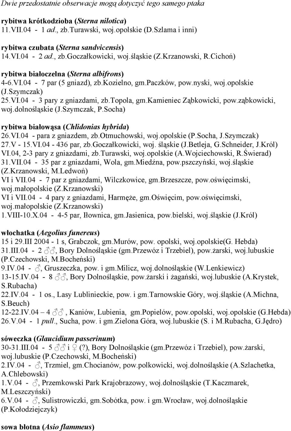 kozielno, gm.paczków, pow.nyski, woj.opolskie (J.Szymczak) 25.VI.04-3 pary z gniazdami, zb.topola, gm.kamieniec Ząbkowicki, pow.ząbkowicki, woj.dolnośląskie (J.Szymczak, P.