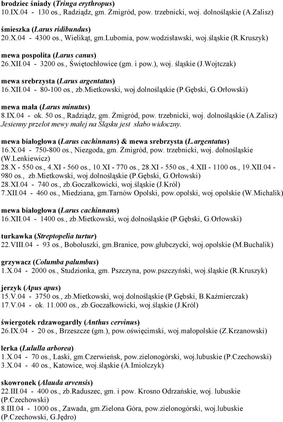 , zb.mietkowski, woj.dolnośląskie (P.Gębski, G.Orłowski) mewa mała (Larus minutus) 8.IX.04 - ok. 50 os., Radziądz, gm. Żmigród, pow. trzebnicki, woj. dolnośląskie (A.