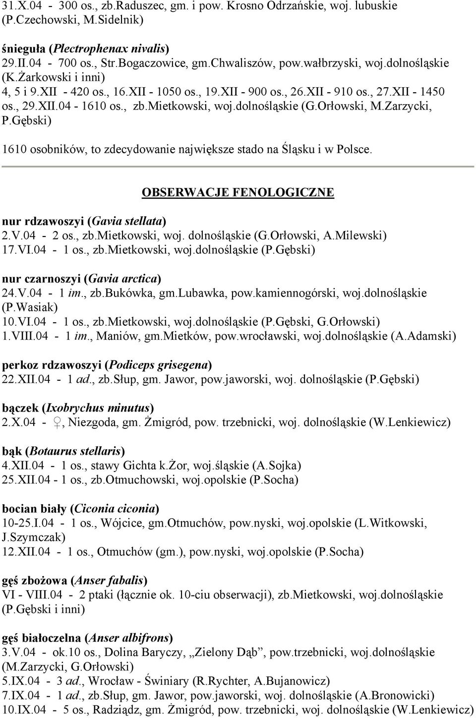 dolnośląskie (G.Orłowski, M.Zarzycki, P.Gębski) 1610 osobników, to zdecydowanie największe stado na Śląsku i w Polsce. OBSERWACJE FENOLOGICZNE nur rdzawoszyi (Gavia stellata) 2.V.04-2 os., zb.