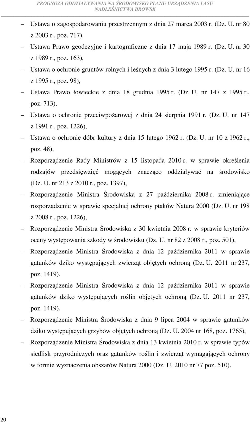 , poz. 1226), Ustawa o ochronie dóbr kultury z dnia 15 lutego 1962 r. (Dz. U. nr 10 z 1962 r., poz. 48), Rozporządzenie Rady Ministrów z 15 listopada 2010 r.