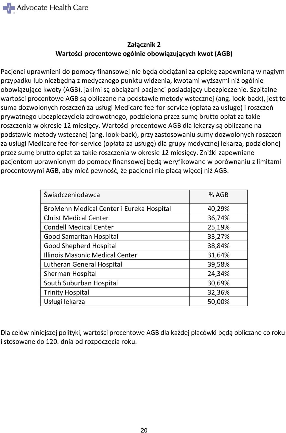 Szpitalne wartości procentowe AGB są obliczane na podstawie metody wstecznej (ang.