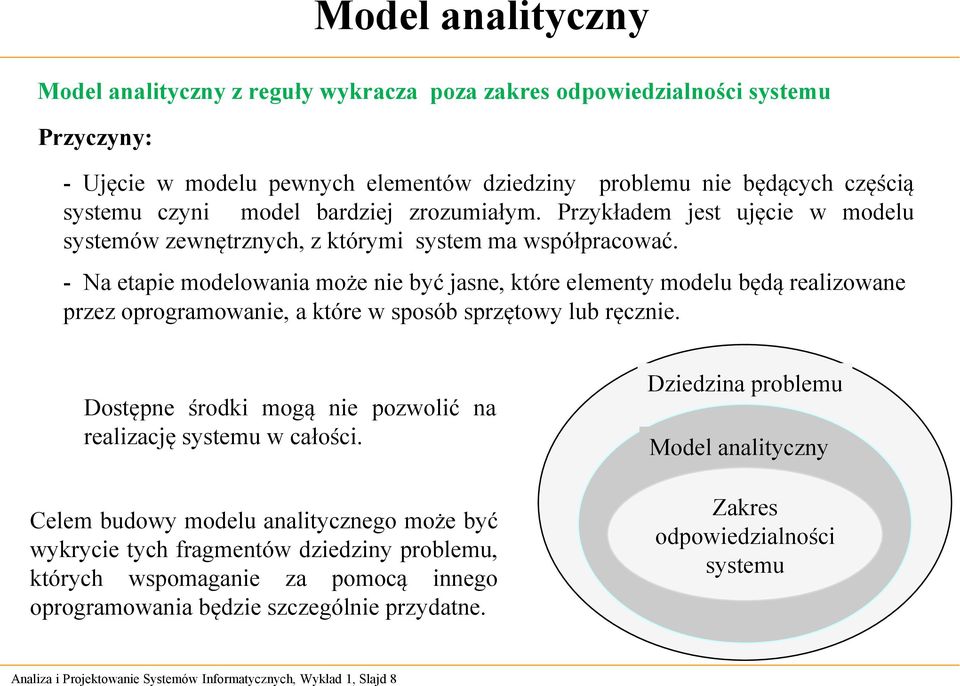 - Na etapie modelowania może nie być jasne, które elementy modelu będą realizowane przez oprogramowanie, a które w sposób sprzętowy lub ręcznie.