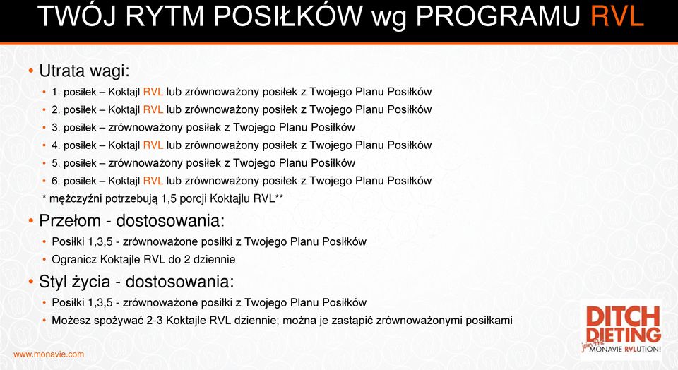 posiłek Koktajl RVL lub zrównoważony posiłek z Twojego Planu Posiłków * mężczyźni potrzebują 1,5 porcji Koktajlu RVL** Przełom - dostosowania: Posiłki 1,3,5 - zrównoważone posiłki z Twojego Planu