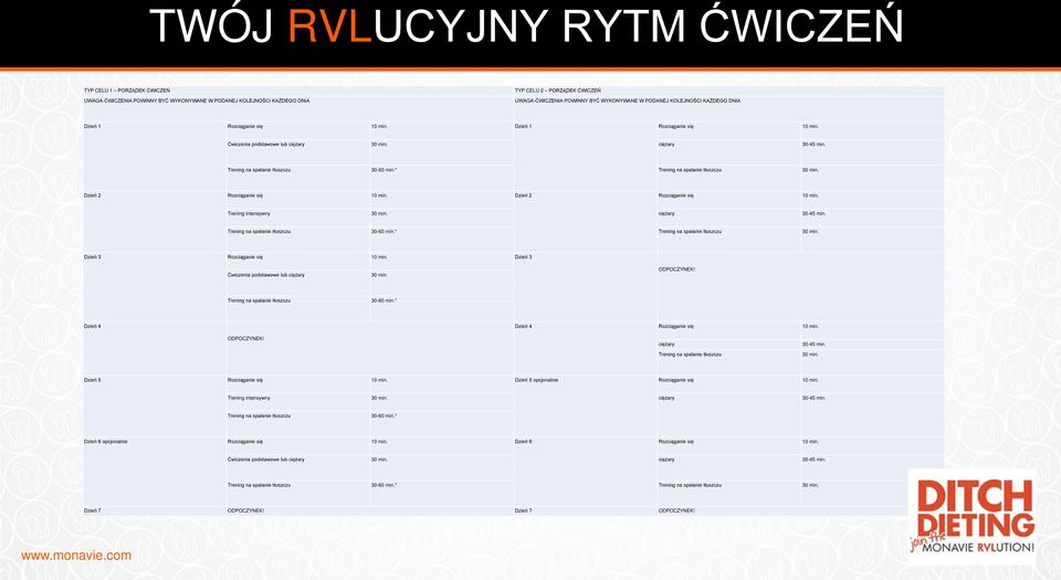 * Trening na spalanie tłuszczu 30 min. Dzień 2 Rozciąganie się 10 min. Dzień 2 Rozciąganie się 10 min. Trening intensywny 30 min. ciężary 30-45 min. Trening na spalanie tłuszczu 30-60 min.