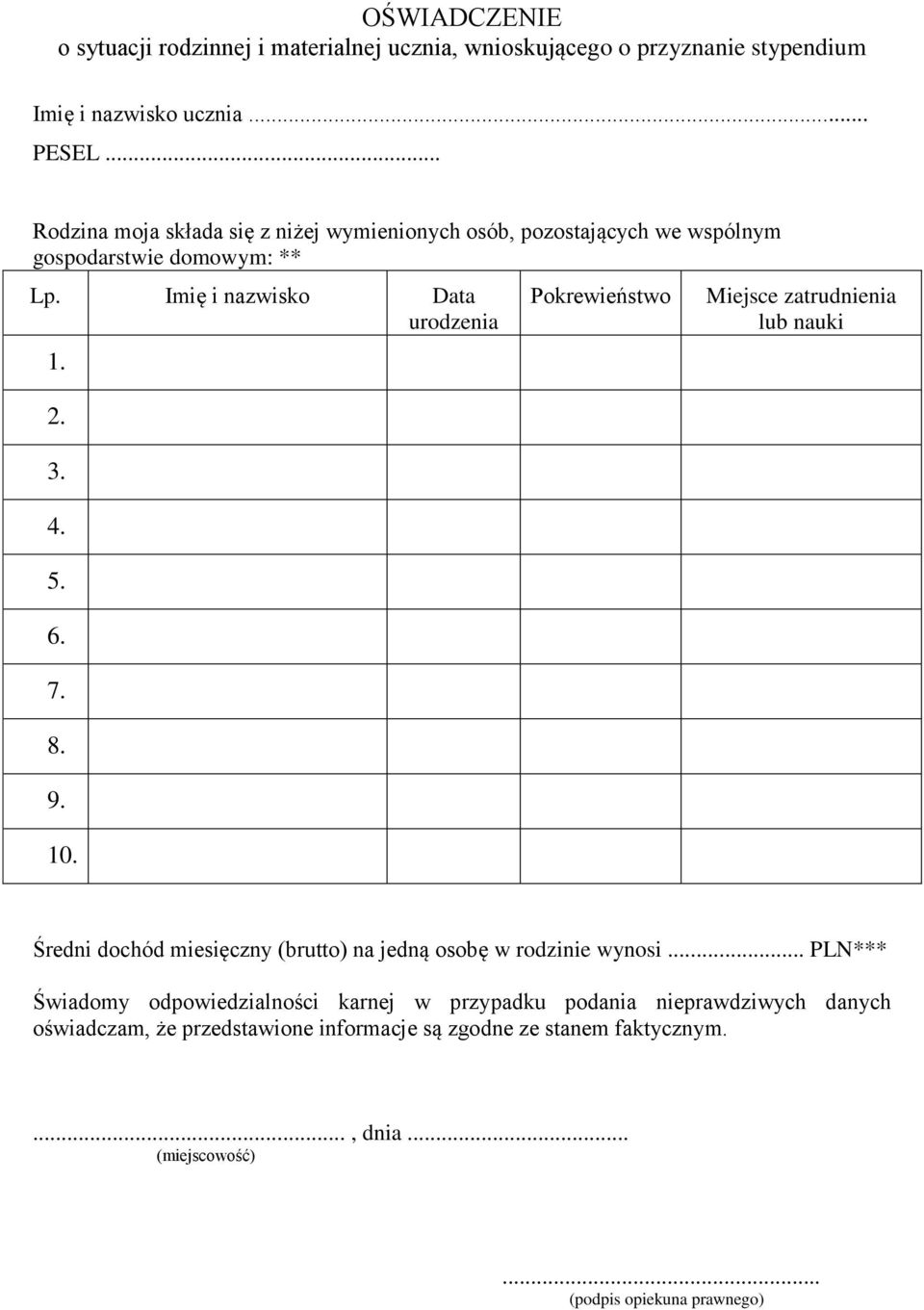 6. 7. 8. 9. 10. Pokrewieństwo Miejsce zatrudnienia lub nauki Średni dochód miesięczny (brutto) na jedną osobę w rodzinie wynosi.