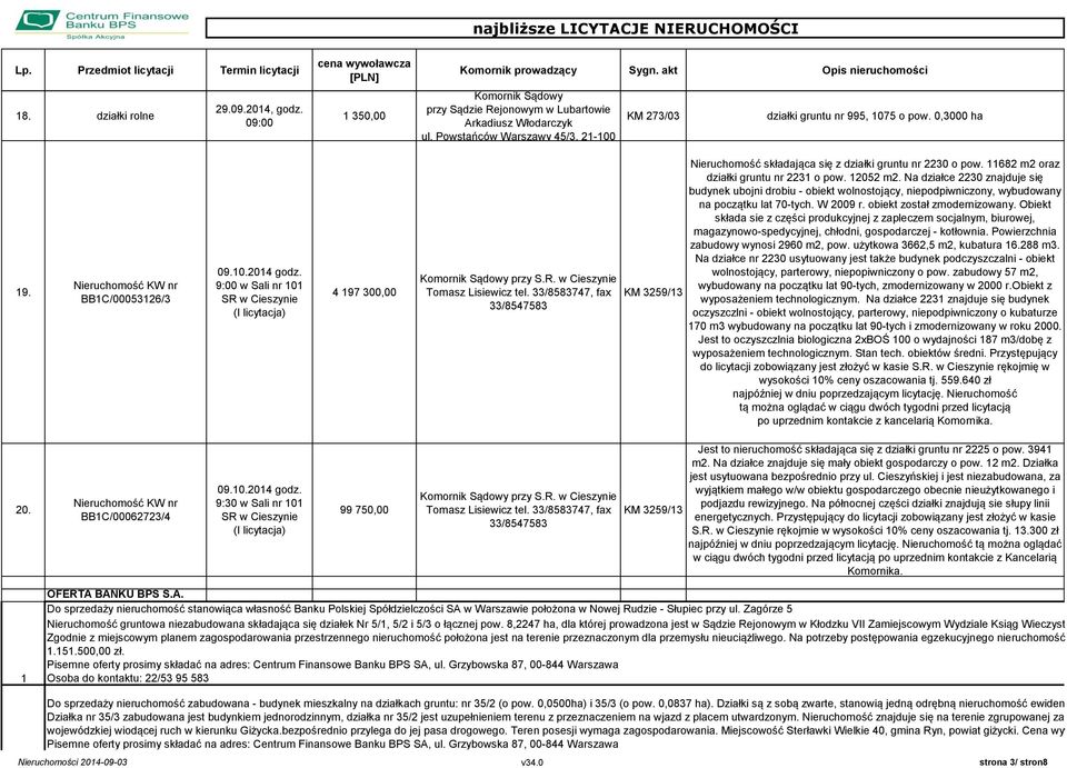 Nieruchomość KW nr BB1C/00053126/3 09.10.2014 godz. 9:00 w Sali nr 101 SR w Cieszynie (I licytacja) 4 197 300,00 przy S.R. w Cieszynie Tomasz Lisiewicz tel.