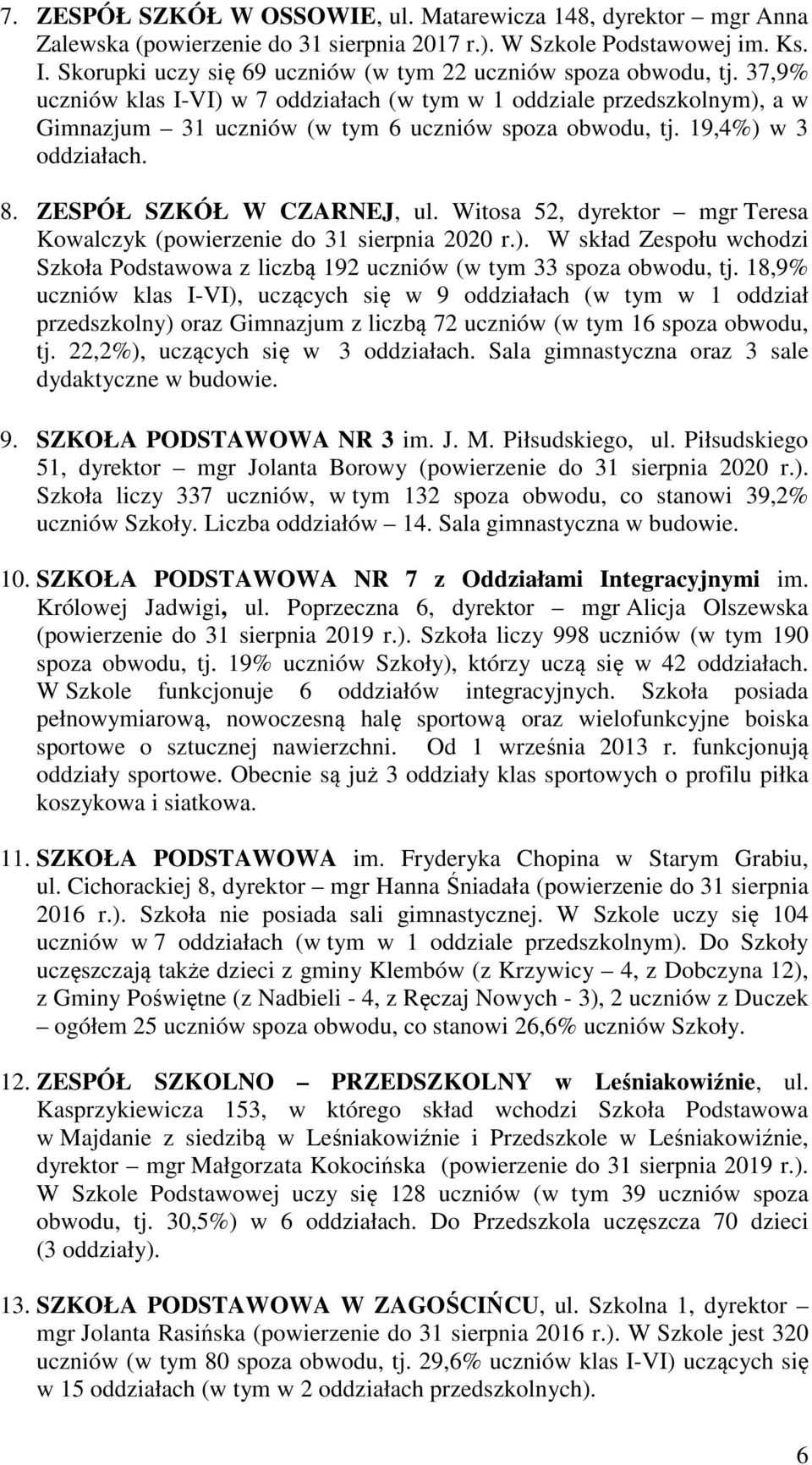 19,4%) w 3 oddziałach. 8. ZESPÓŁ SZKÓŁ W CZARNEJ, ul. Witosa 52, dyrektor mgr Teresa Kowalczyk (powierzenie do 31 sierpnia 2020 r.). W skład Zespołu wchodzi Szkoła Podstawowa z liczbą 192 uczniów (w tym 33 spoza obwodu, tj.