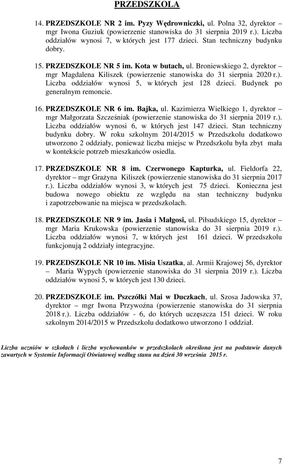 Liczba oddziałów wynosi 5, w których jest 128 dzieci. Budynek po generalnym remoncie. 16. PRZEDSZKOLE NR 6 im. Bajka, ul.