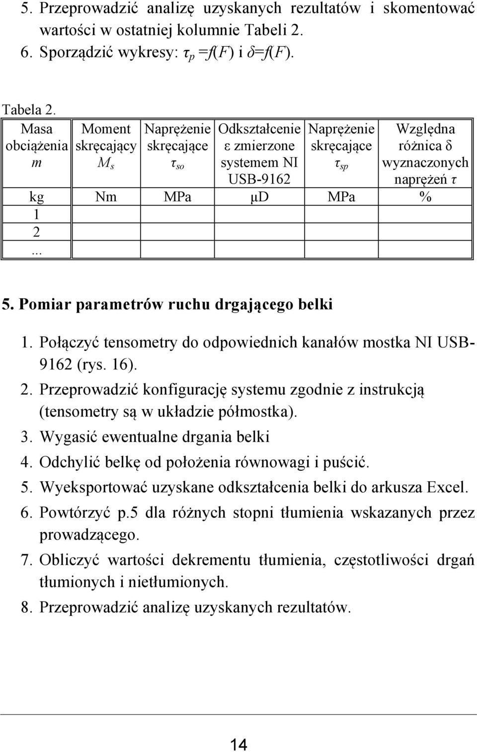 MPa % 1 2... 5. Pomiar parametrów ruchu drgającego belki 1. Połączyć tensometry do odpowiednich kanałów mostka NI USB- 9162 (rys. 16). 2. Przeprowadzić konfigurację systemu zgodnie z instrukcją (tensometry są w układzie półmostka).