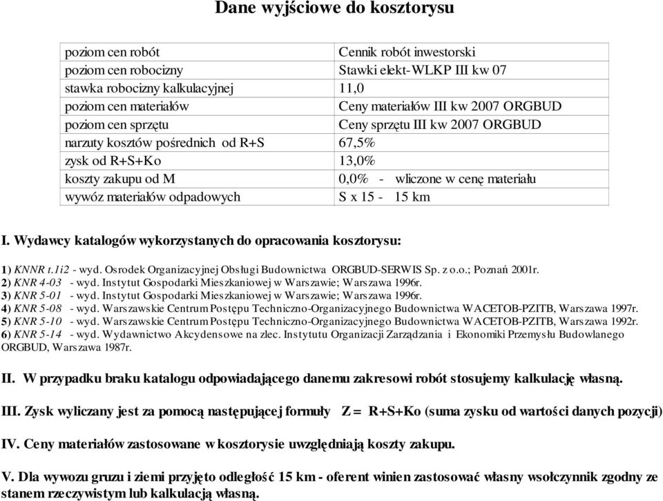 odpadowych S x 15-15 km I. Wydawcy katalogów wykorzystanych do opracowania kosztorysu: 1) KNNR t.1i2 - wyd. Osrodek Organizacyjnej Obsługi Budownictwa ORGBUD-SERWIS Sp. z o.o.; Poznań 2001r.