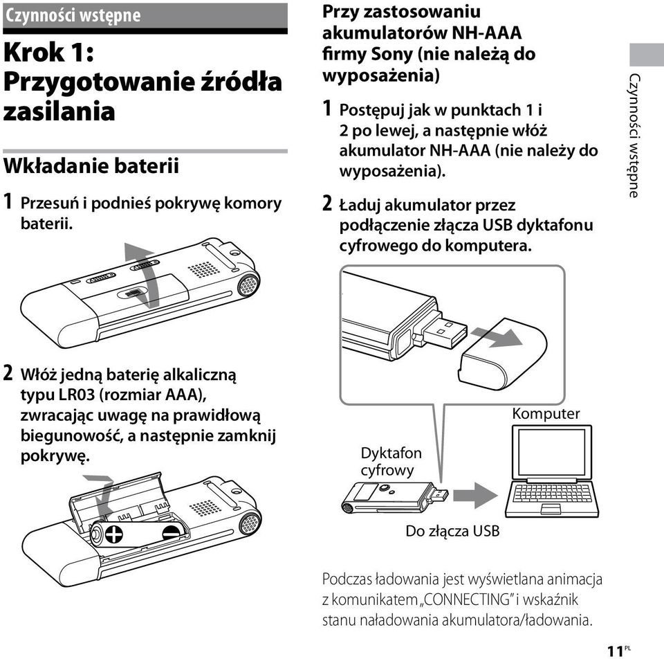 wyposażenia). 2 Ładuj akumulator przez podłączenie złącza USB dyktafonu cyfrowego do komputera.