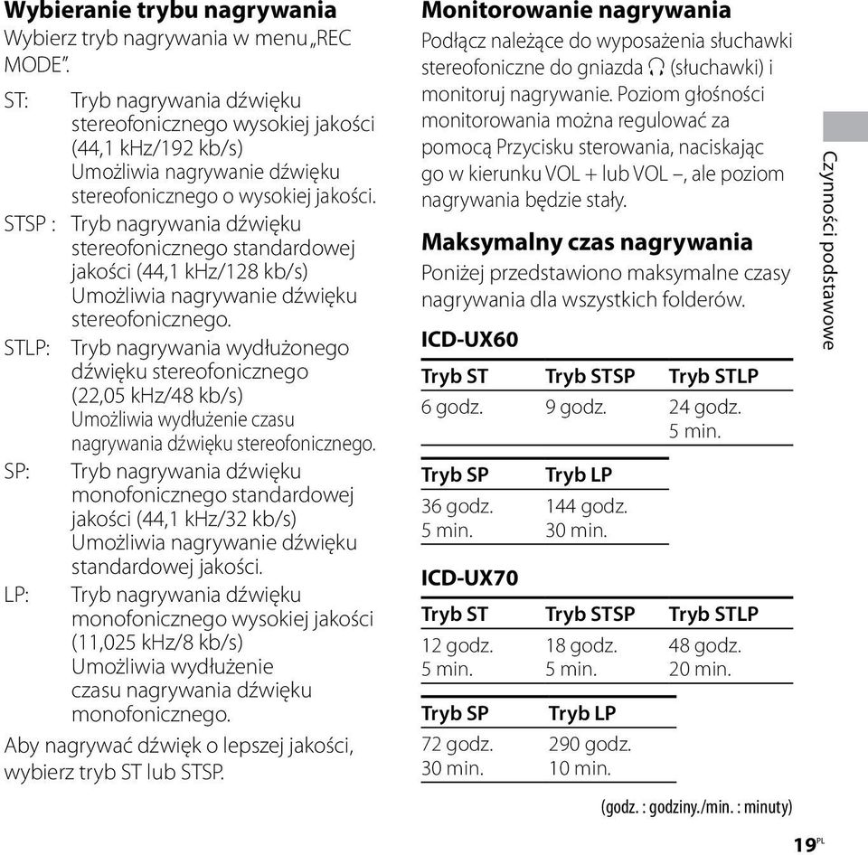 STSP : Tryb nagrywania dźwięku stereofonicznego standardowej jakości (44,1 khz/128 kb/s) Umożliwia nagrywanie dźwięku stereofonicznego.