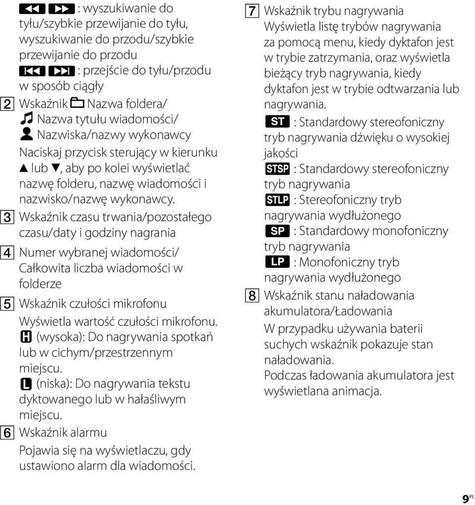 Wskaźnik czasu trwania/pozostałego czasu/daty i godziny nagrania Numer wybranej wiadomości/ Całkowita liczba wiadomości w folderze Wskaźnik czułości mikrofonu Wyświetla wartość czułości mikrofonu.