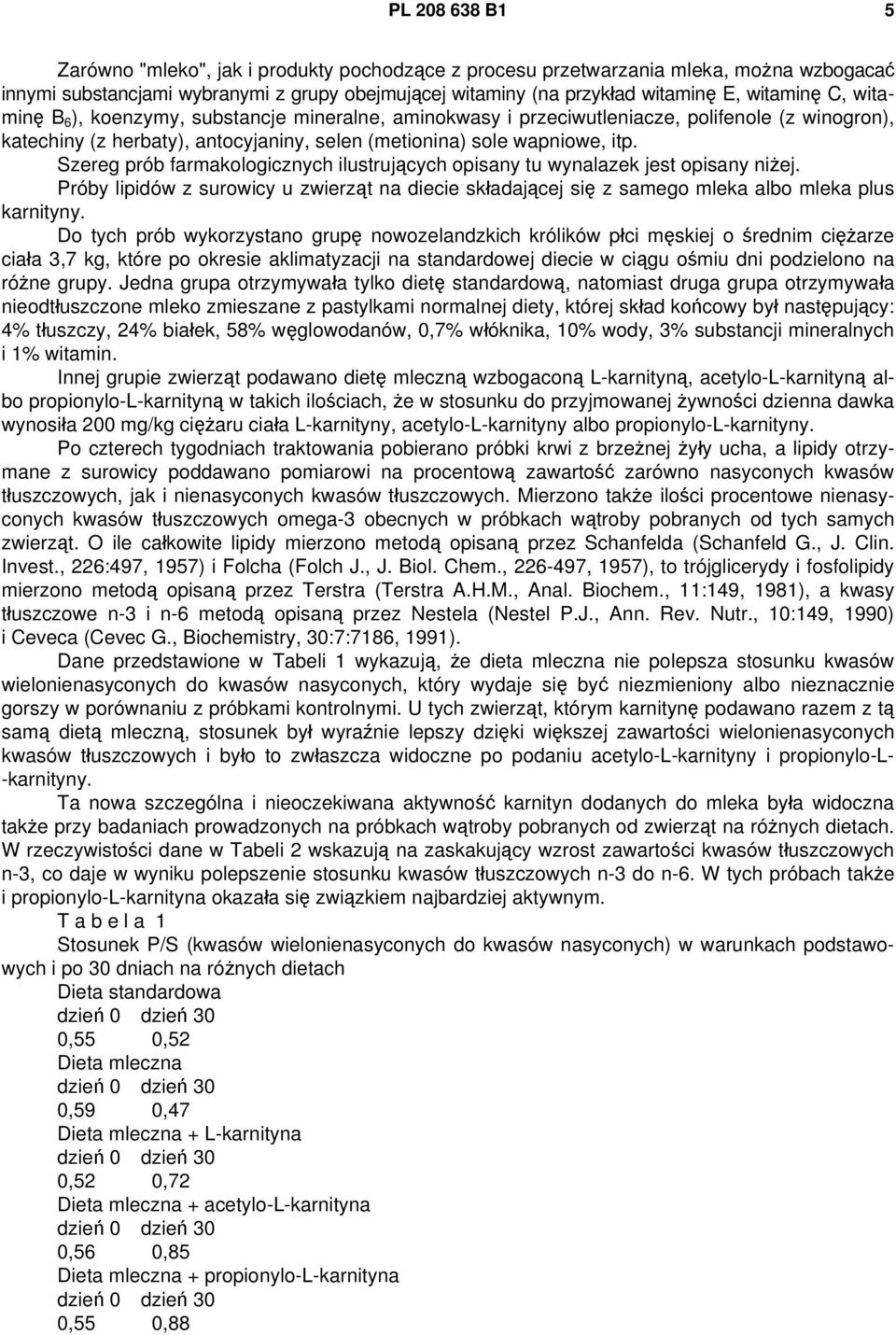 Szereg prób farmakologicznych ilustrujących opisany tu wynalazek jest opisany niżej. Próby lipidów z surowicy u zwierząt na diecie składającej się z samego mleka albo mleka plus karnityny.