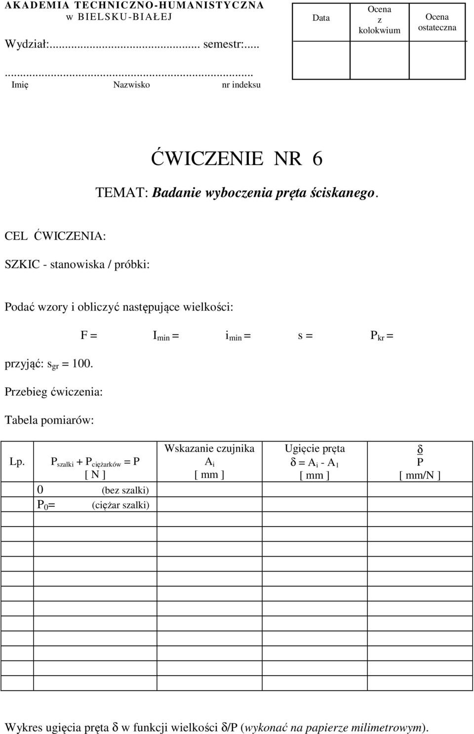 pryjąć: s gr = 100. Prebieg ćwicenia: Tabela pomiarów: Lp.