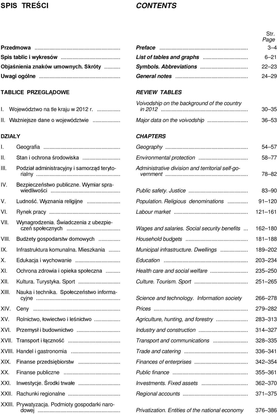 województwie... Major data on the voivodship... 36 53 DZIAŁY CHAPTERS I. Geografia... Geography... 54 57 II.... Environmental protection... 58 77 III. IV. orialny.