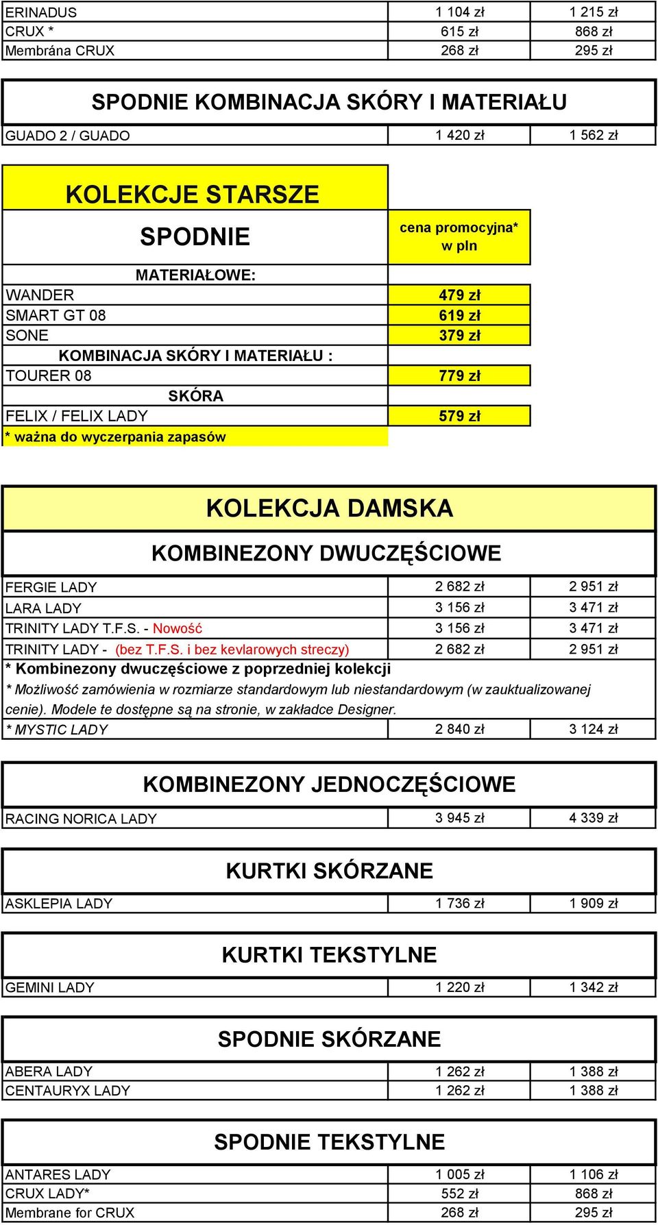 F.S. i bez kevlarowych streczy) 2 682 zł 2 951 zł * Kombinezony dwuczęściowe z poprzedniej kolekcji * Możliwość zamówienia w rozmiarze standardowym lub niestandardowym (w zauktualizowanej cenie).