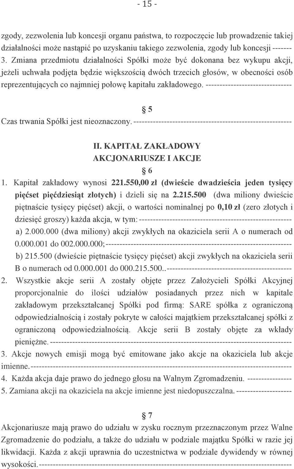 kapitału zakładowego. ------------------------------- 5 Czas trwania Spółki jest nieoznaczony. --------------------------------------------------------- II.