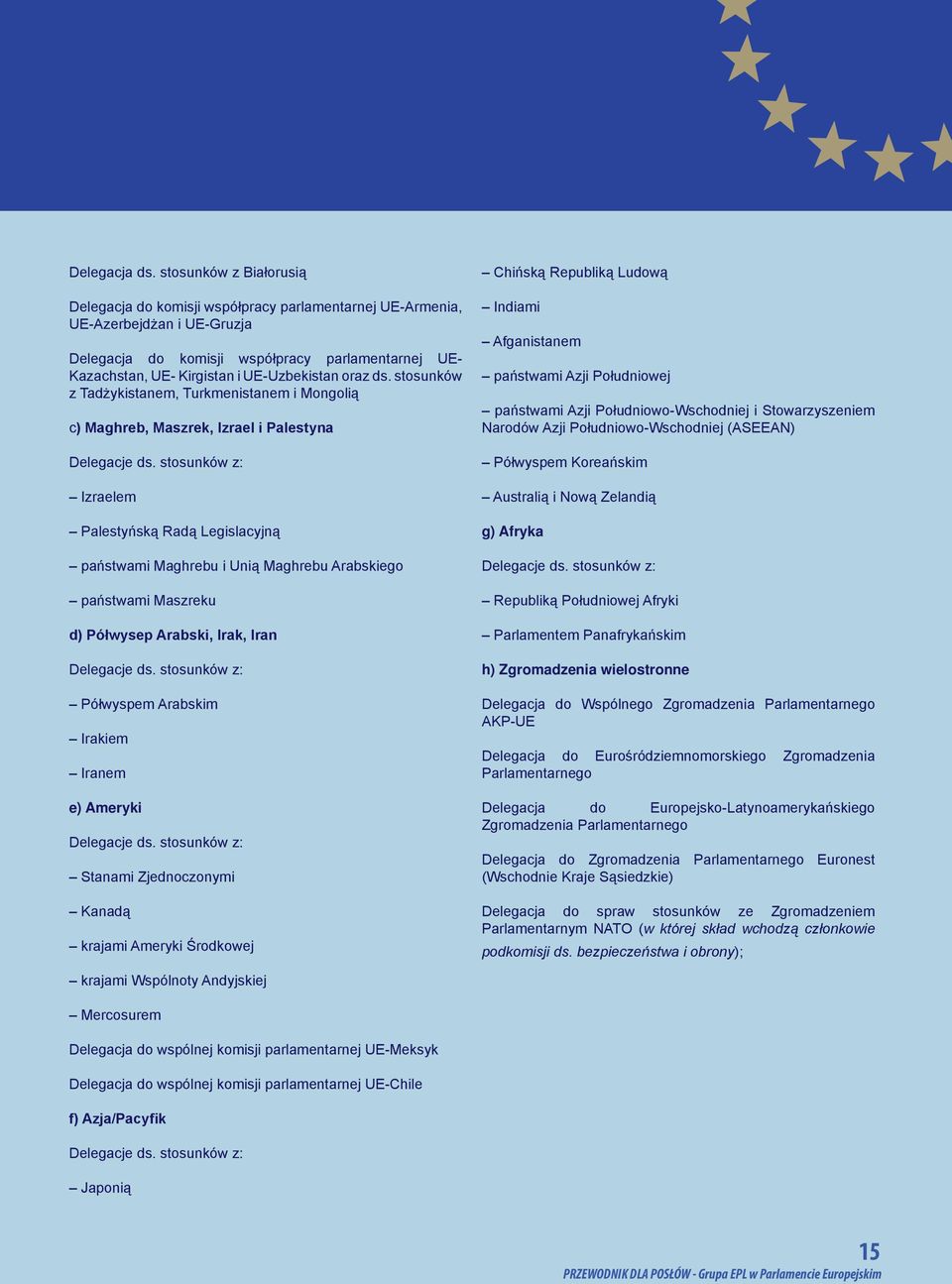 UE-Uzbekistan oraz ds. stosunków z Tadżykistanem, Turkmenistanem i Mongolią c) Maghreb, Maszrek, Izrael i Palestyna Delegacje ds.