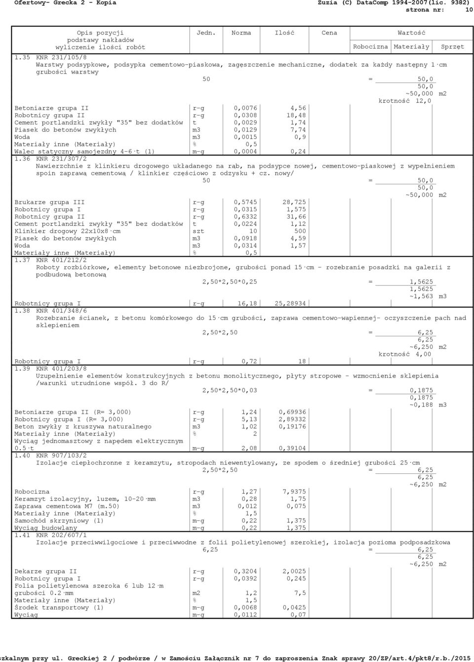 Robotnicy grupa II r-g 0,0308 18,48 Cement portlandzki zwykły "35" bez dodatków t 0,0029 1,74 Piasek do betonów zwykłych m3 0,0129 7,74 Woda m3 0,0015 0,9 Walec statyczny samojezdny 4-6 t (1) m-g