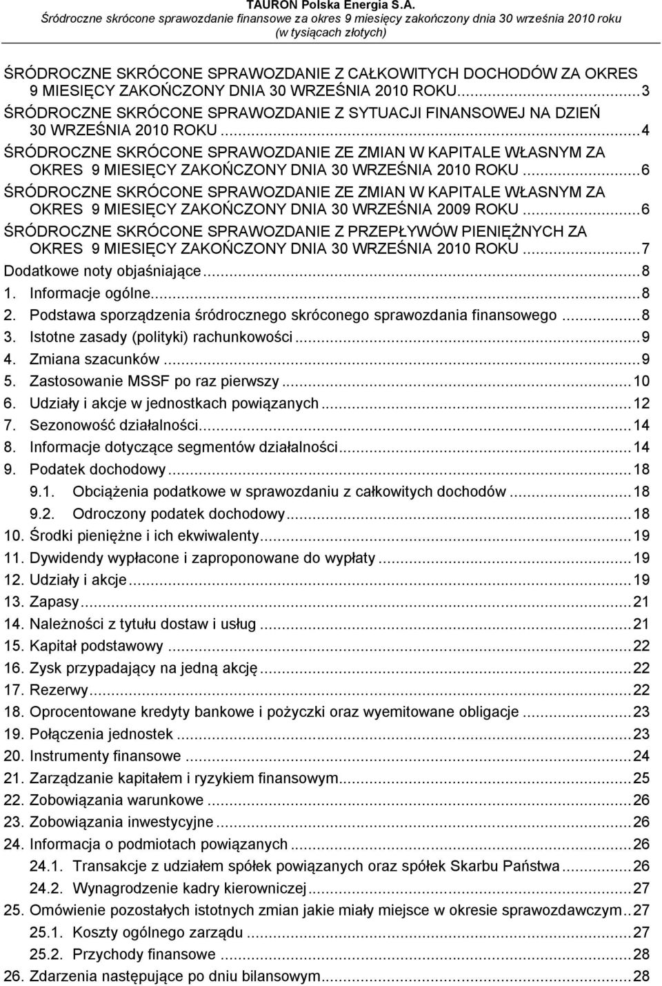 .. 4 ŚRÓDROCZNE SKRÓCONE SPRAWOZDANIE ZE ZMIAN W KAPITALE WŁASNYM ZA OKRES 9 MIESIĘCY ZAKOŃCZONY DNIA 30 WRZEŚNIA 2010 ROKU.